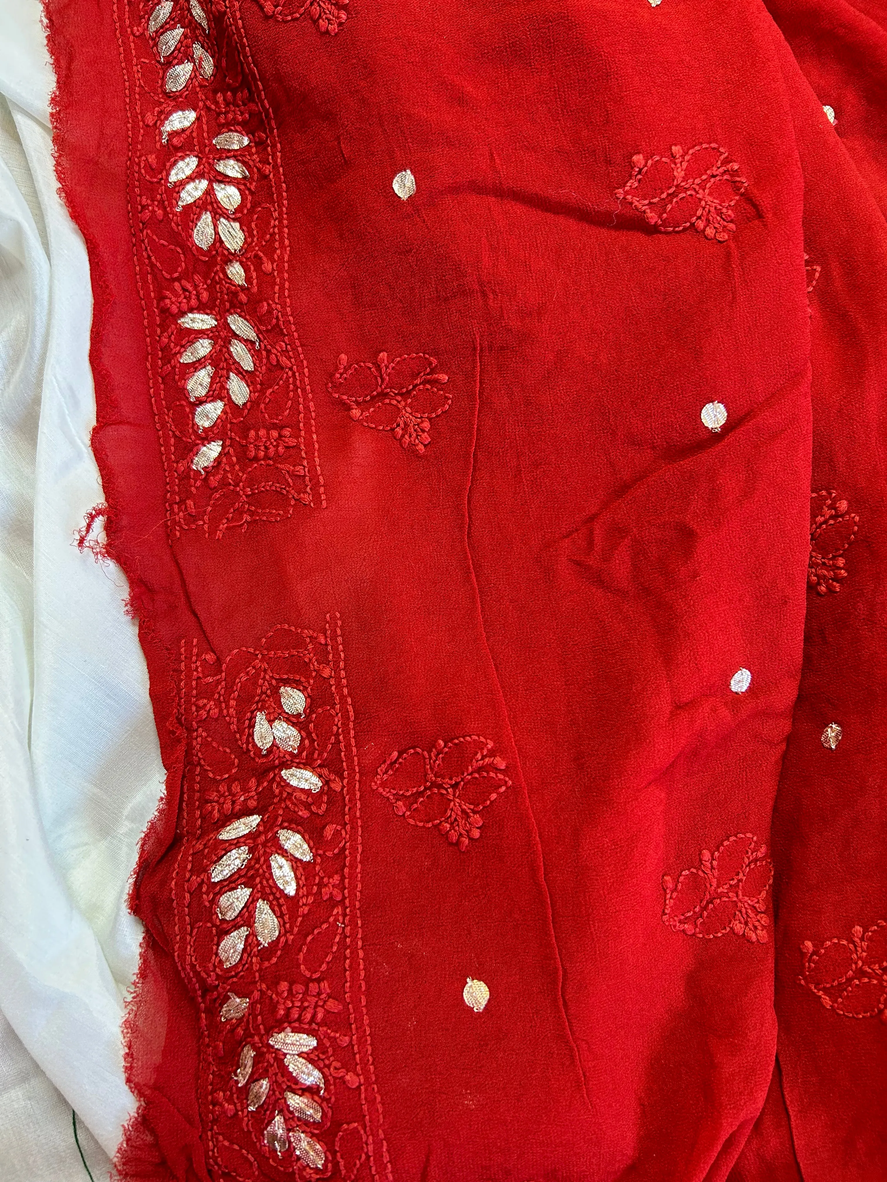 Fancy Chikankari Gota Embroridery Unstitched Salwar Kameez In Gorgeous Red
