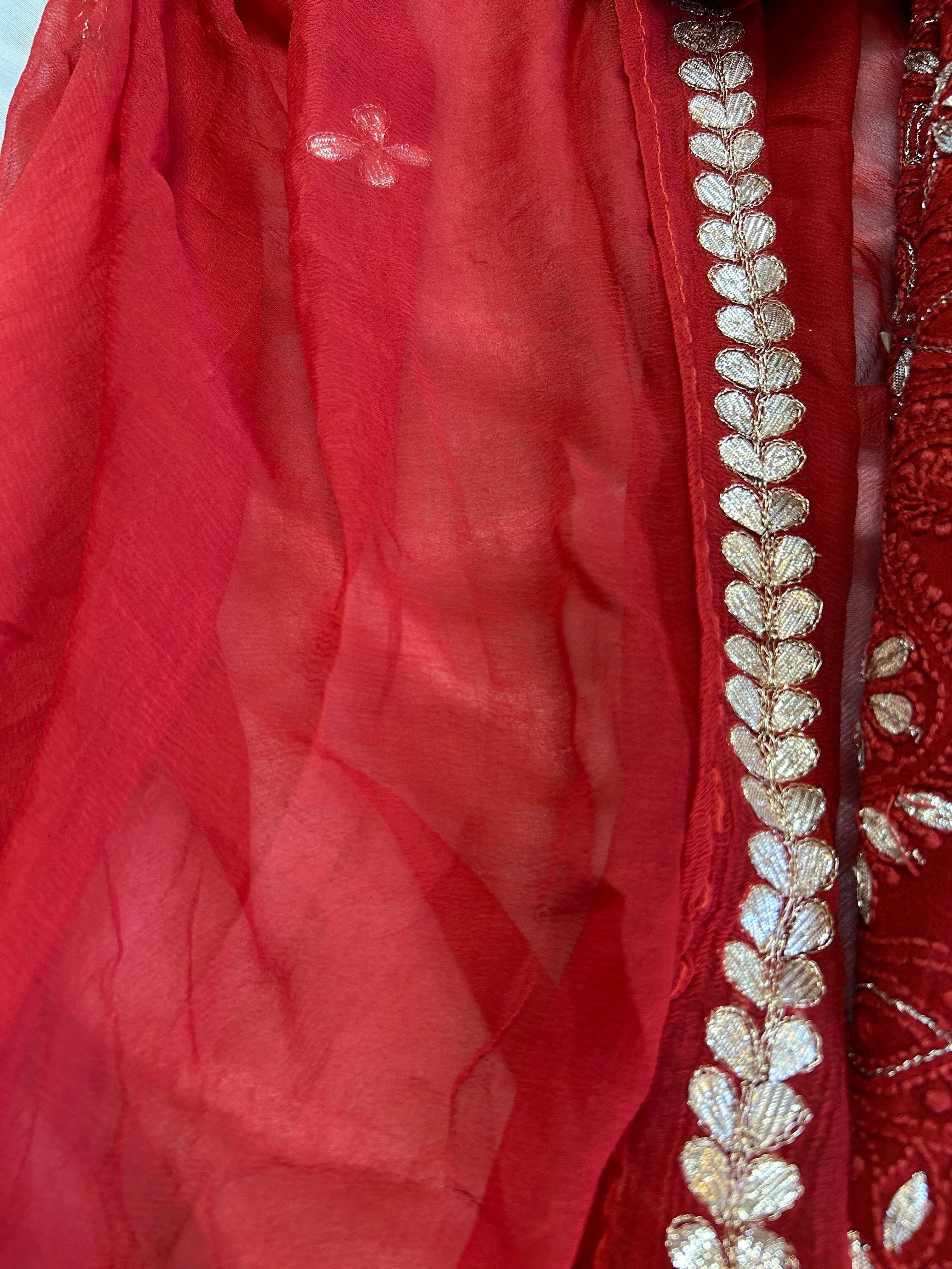 Fancy Chikankari Gota Embroridery Unstitched Salwar Kameez In Gorgeous Red