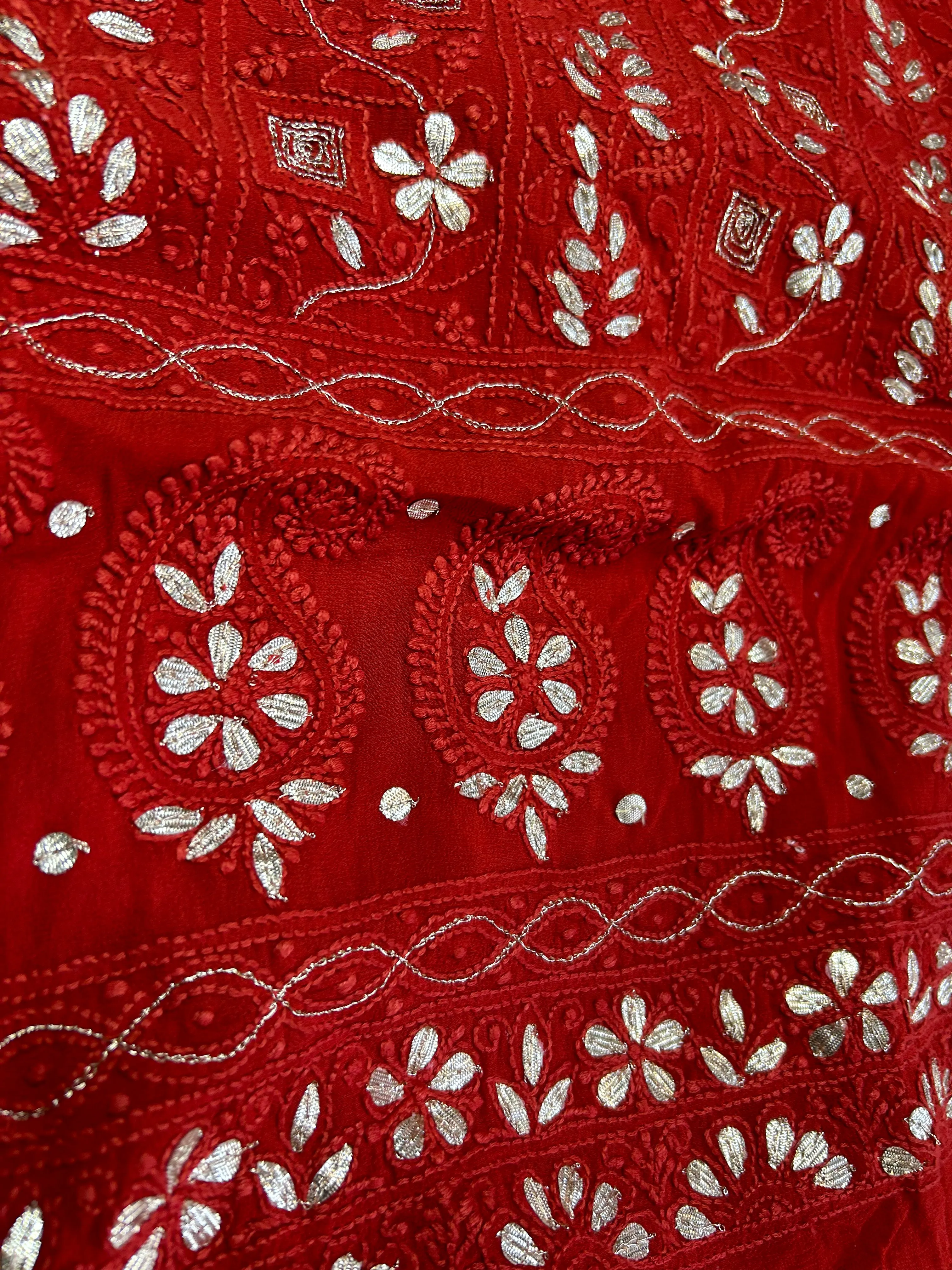 Fancy Chikankari Gota Embroridery Unstitched Salwar Kameez In Gorgeous Red