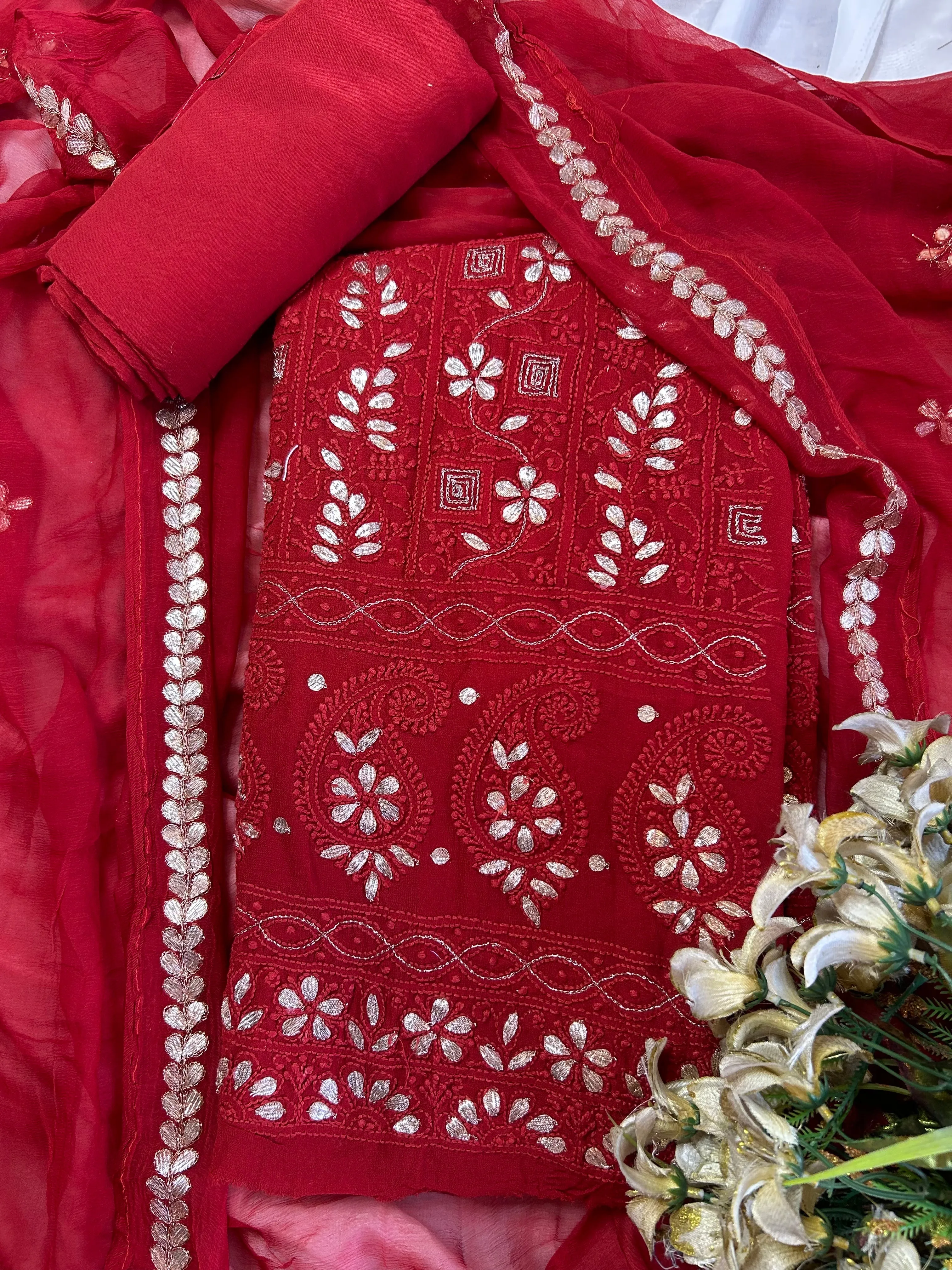 Fancy Chikankari Gota Embroridery Unstitched Salwar Kameez In Gorgeous Red