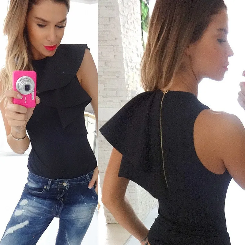 Fashion bodycon elegant Sexy Bodysuit Sexy Petal Sleeve Rompers Womens Jumpsuit White & Black elegant short jumpsuit