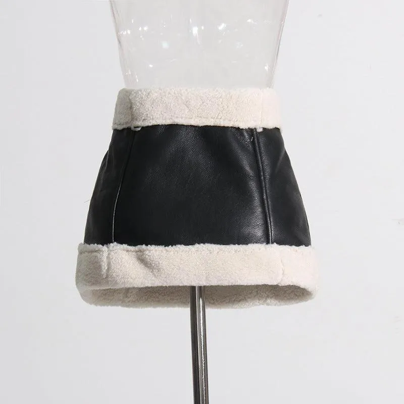 FAUX FUR PATCHWORK LEATHER SKIRT SET