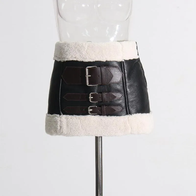 FAUX FUR PATCHWORK LEATHER SKIRT SET
