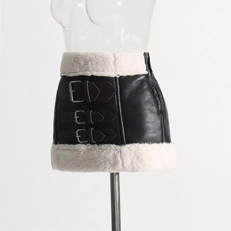 FAUX FUR PATCHWORK LEATHER SKIRT SET