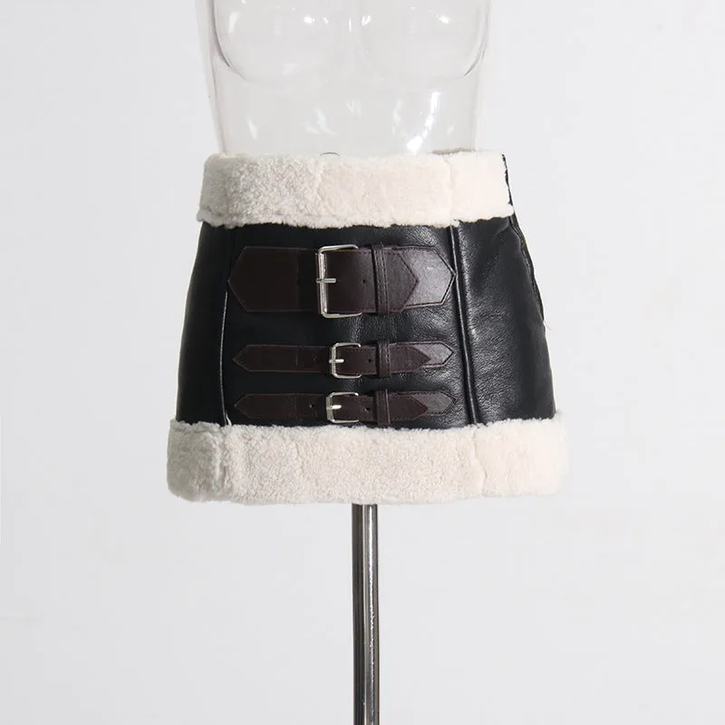 FAUX FUR PATCHWORK LEATHER SKIRT SET