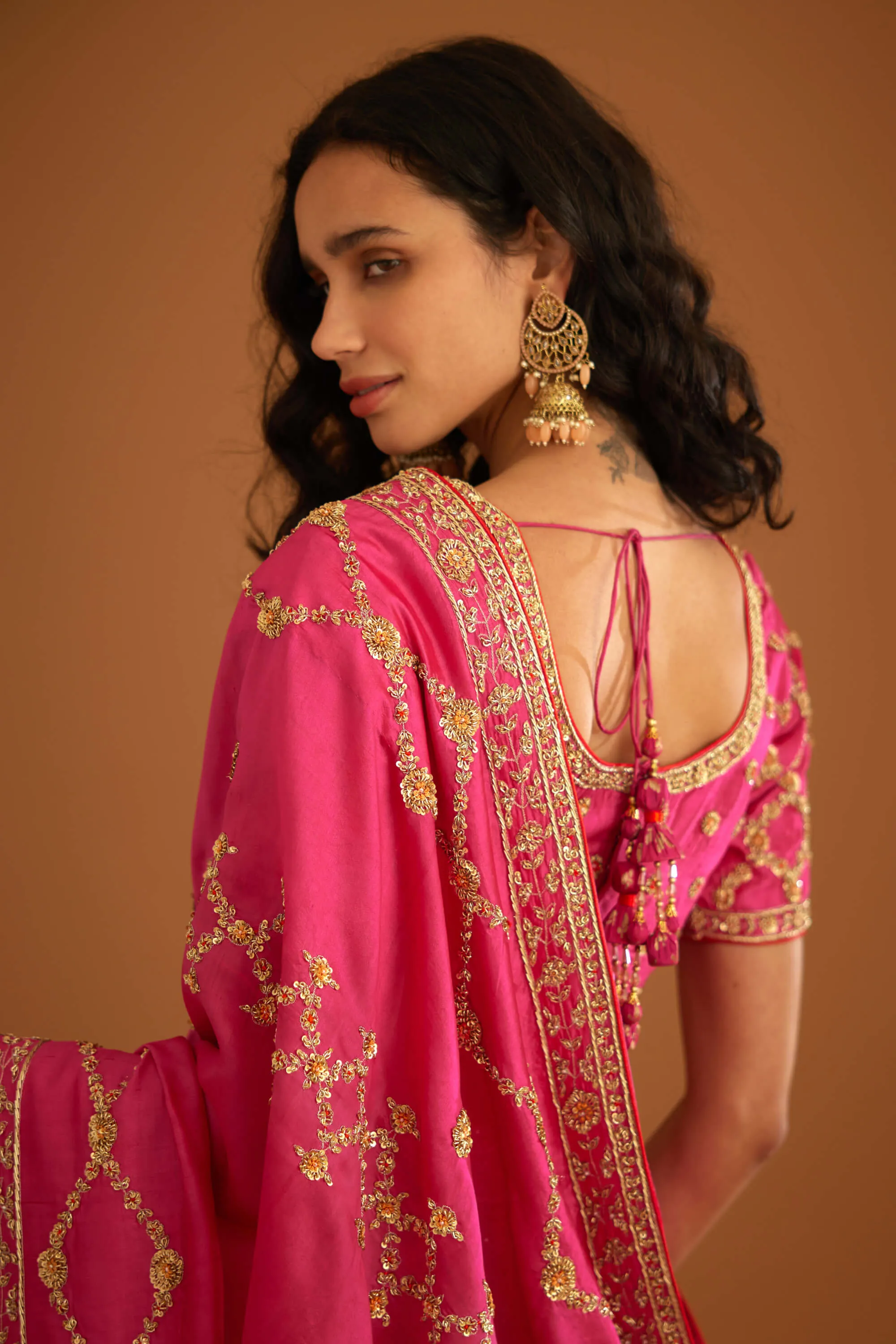 Fuschia pink zardozi sari and blouse