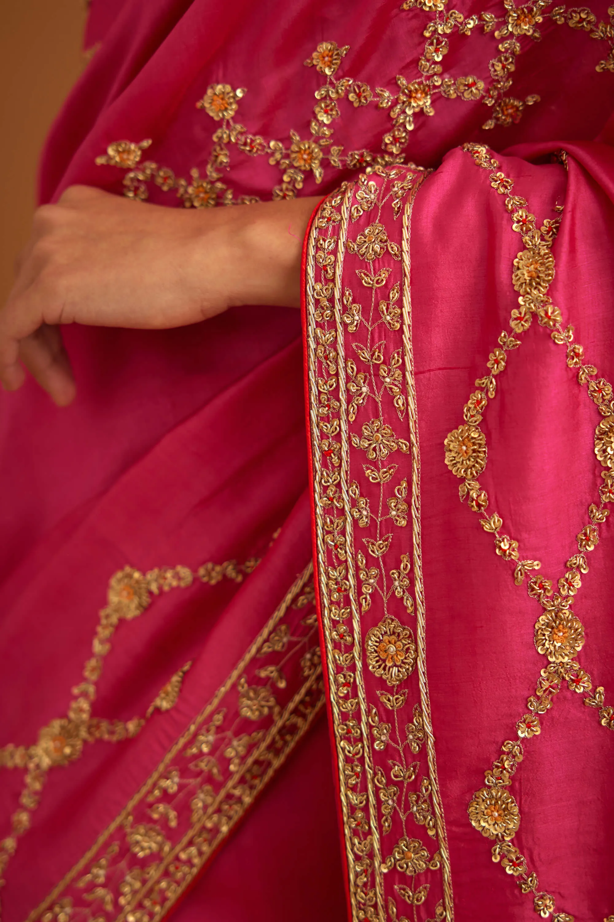 Fuschia pink zardozi sari and blouse