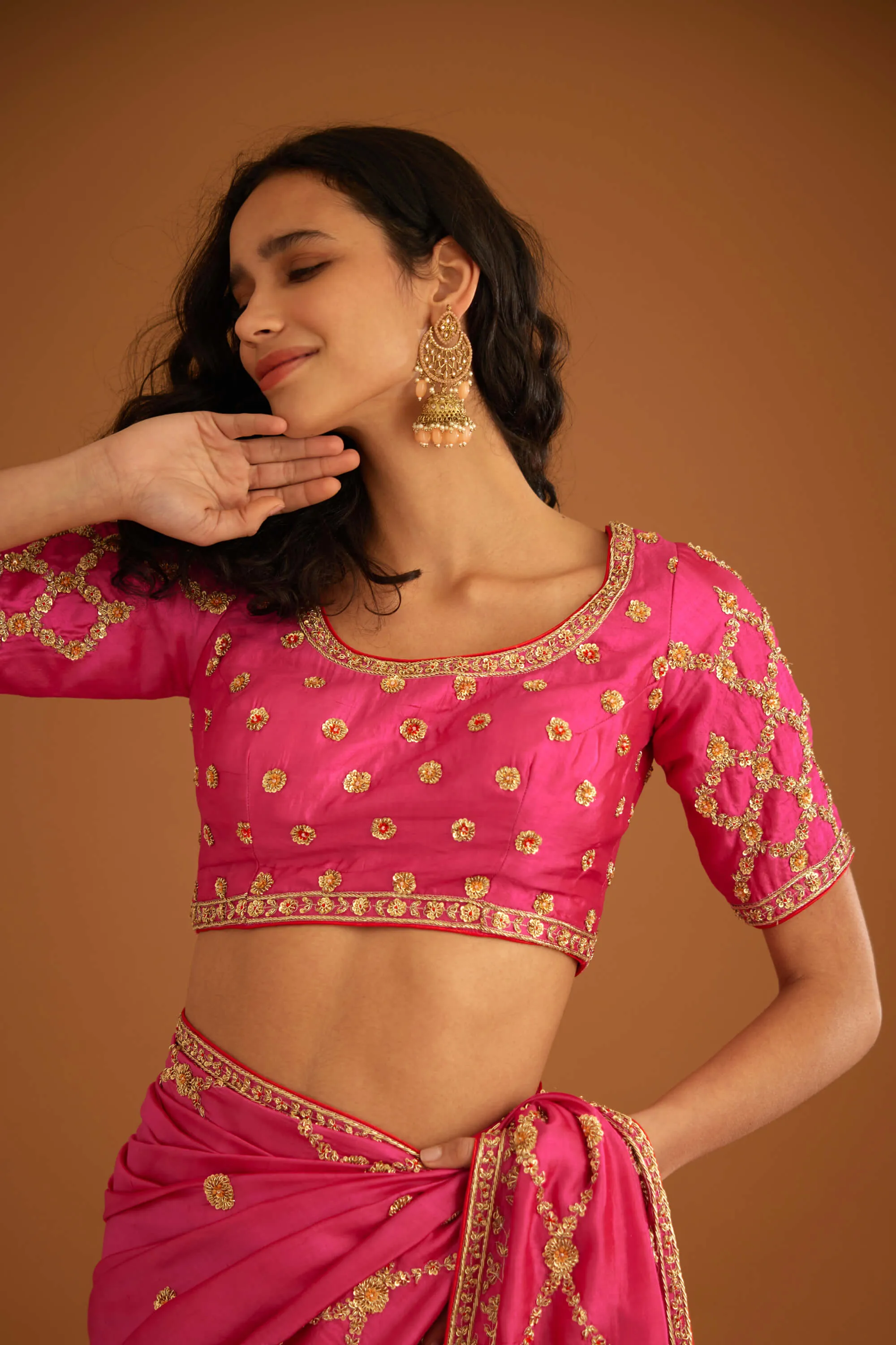 Fuschia pink zardozi sari and blouse