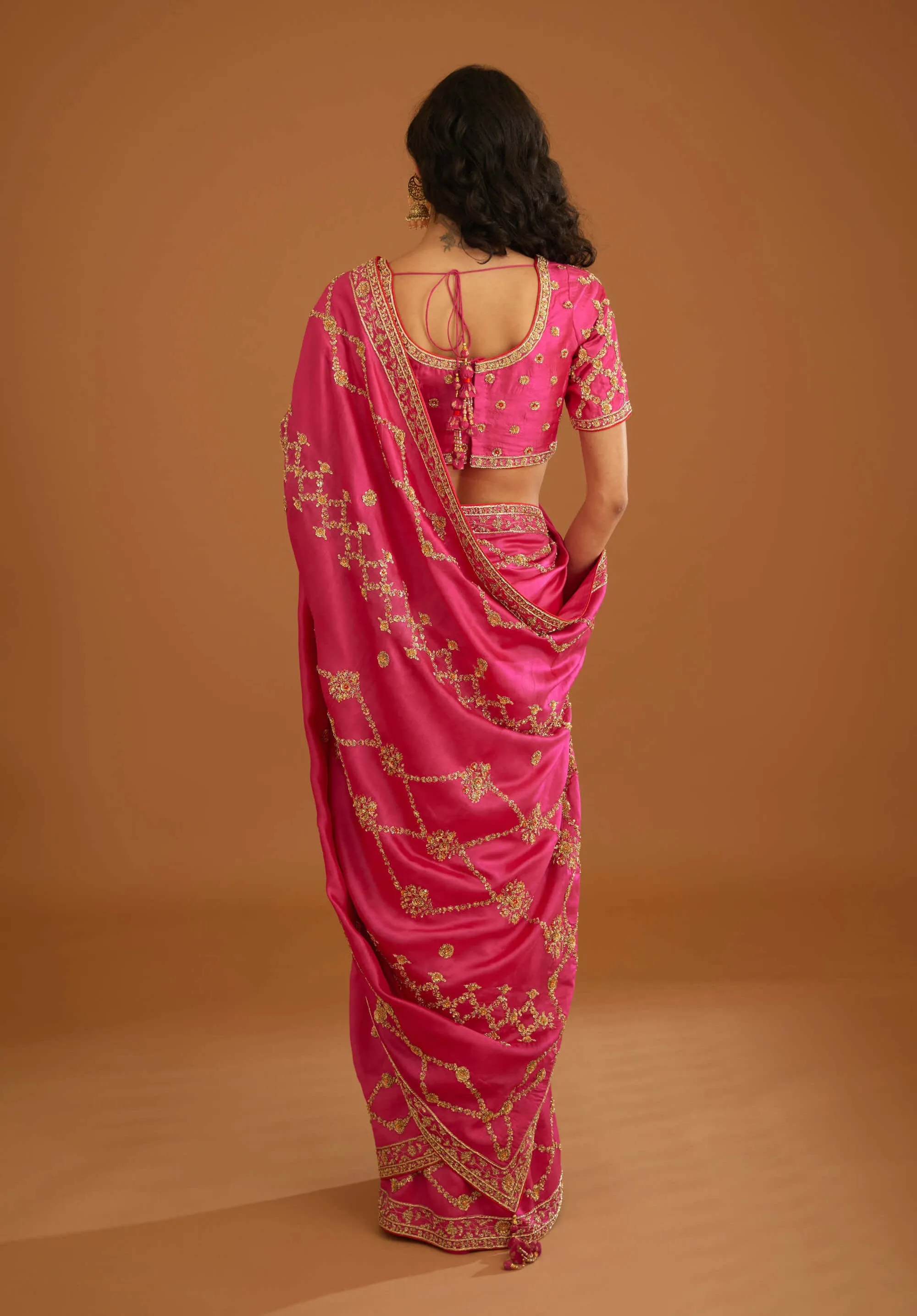 Fuschia pink zardozi sari and blouse