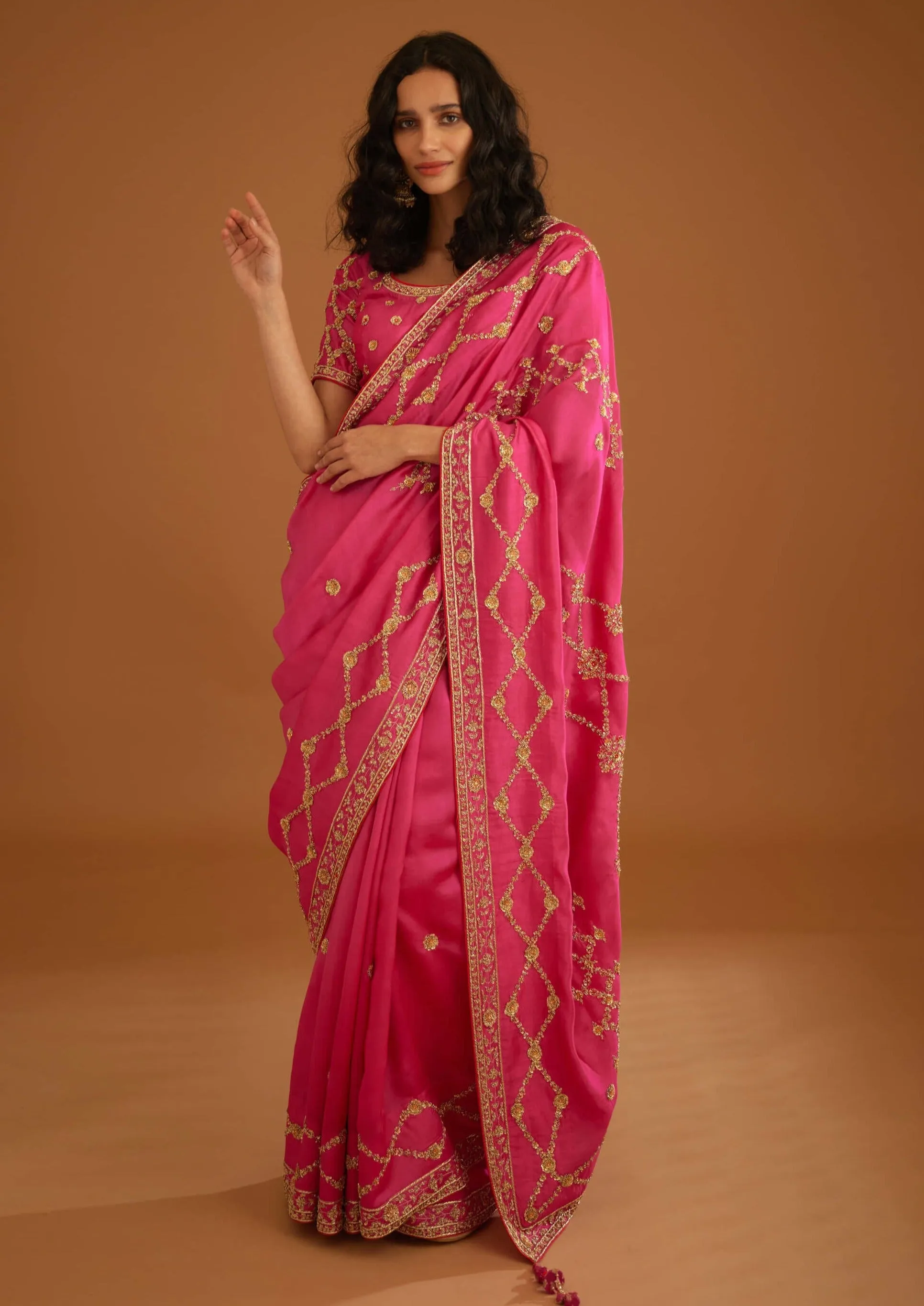 Fuschia pink zardozi sari and blouse