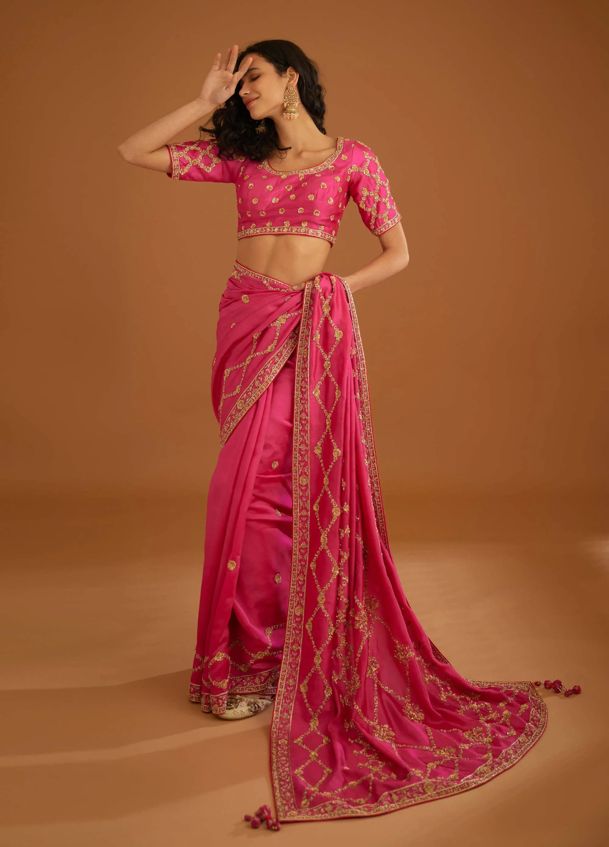 Fuschia pink zardozi sari and blouse