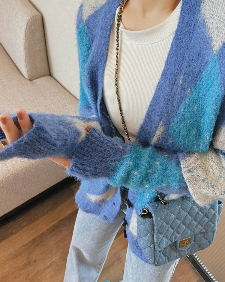 Geometric Sleeve Design Thick Blue Cardigan Sweater