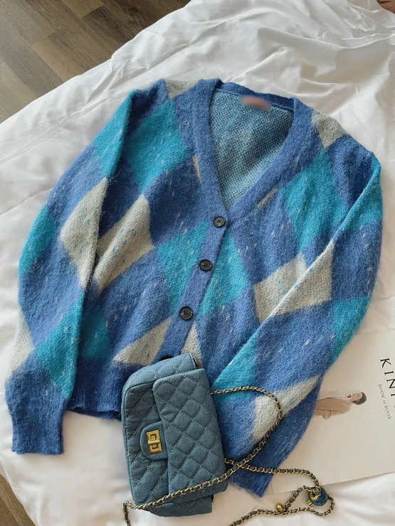 Geometric Sleeve Design Thick Blue Cardigan Sweater