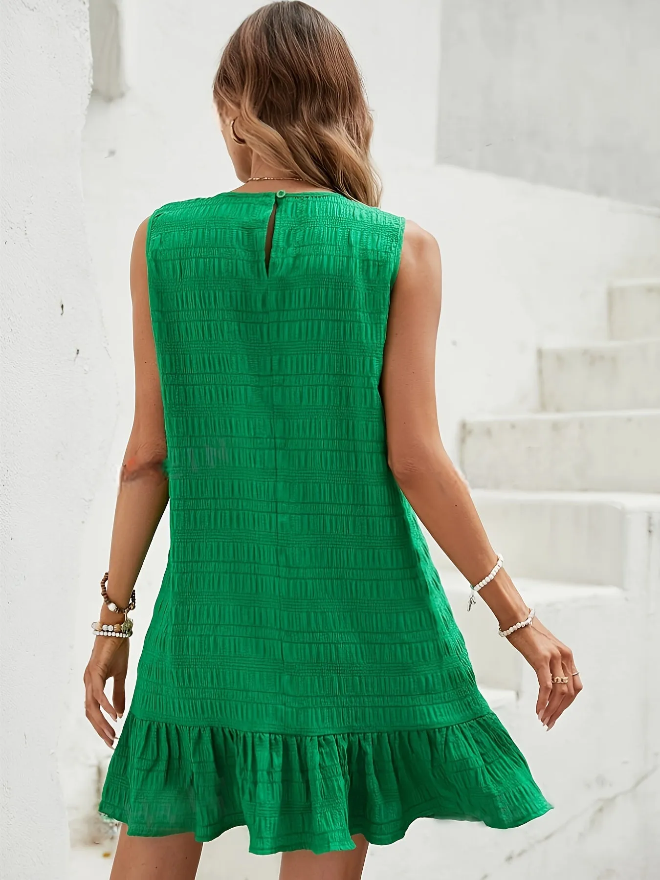 Green Aline Mini Dress With Ruffle At Hem