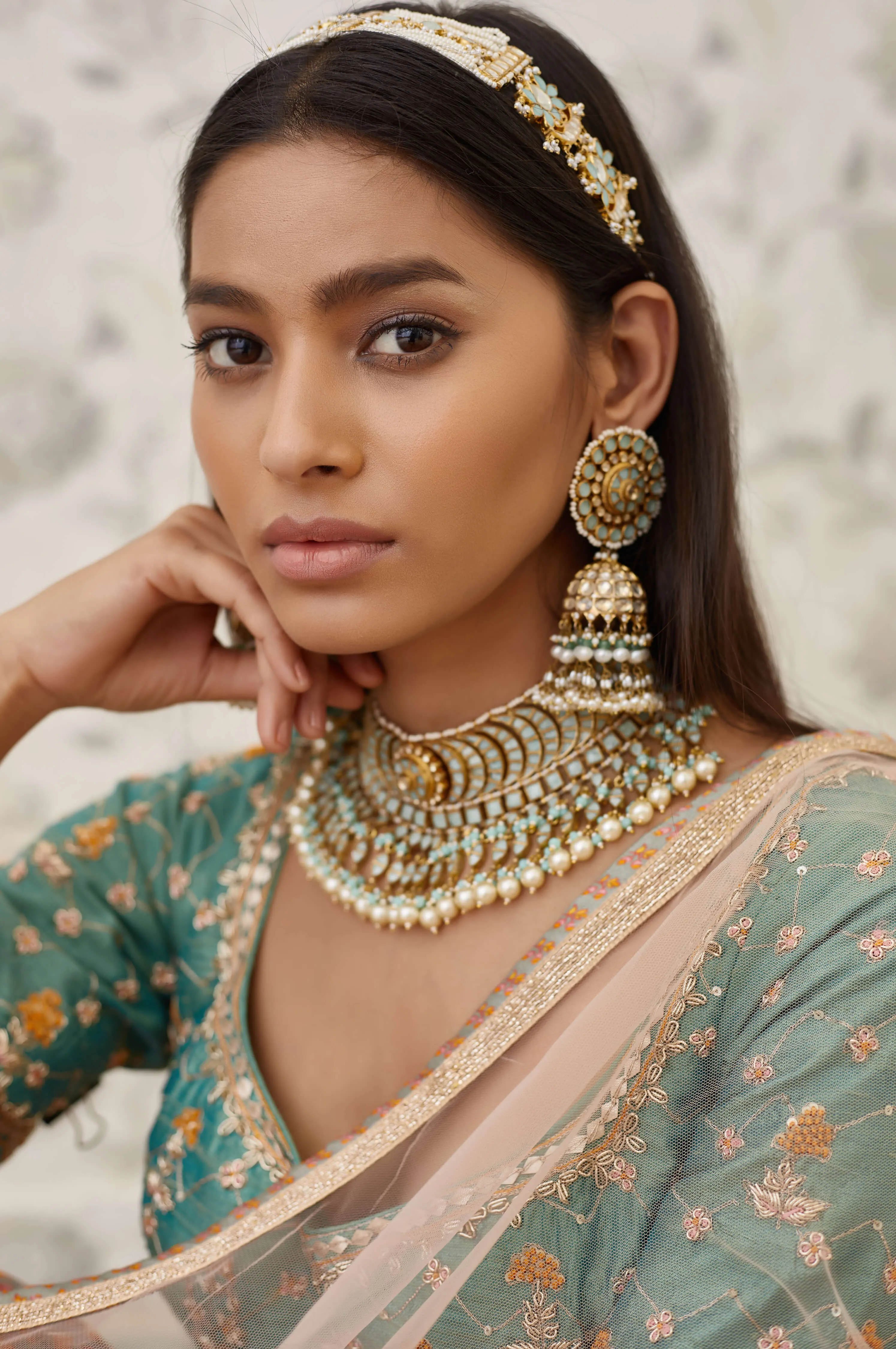 Green Beige Embroidered Lehenga Set