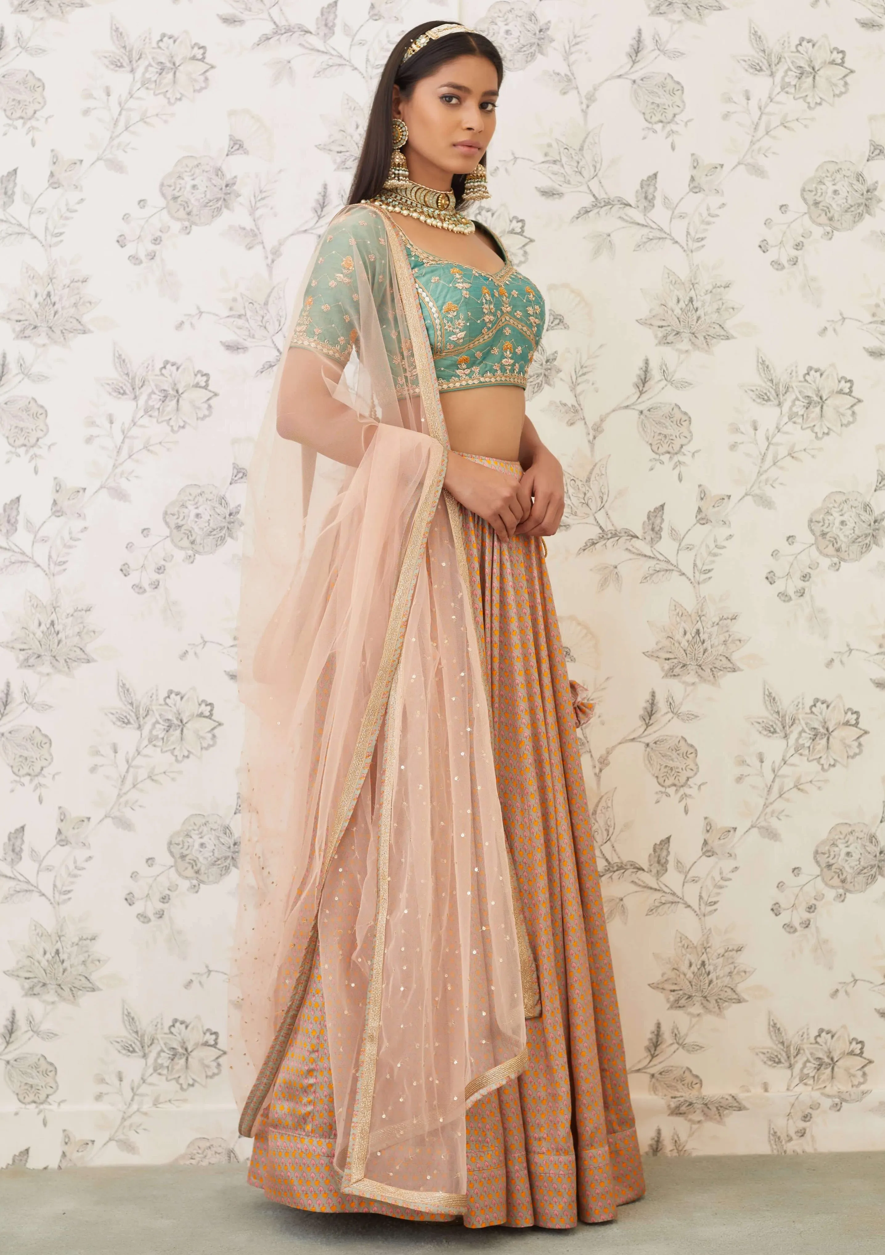 Green Beige Embroidered Lehenga Set