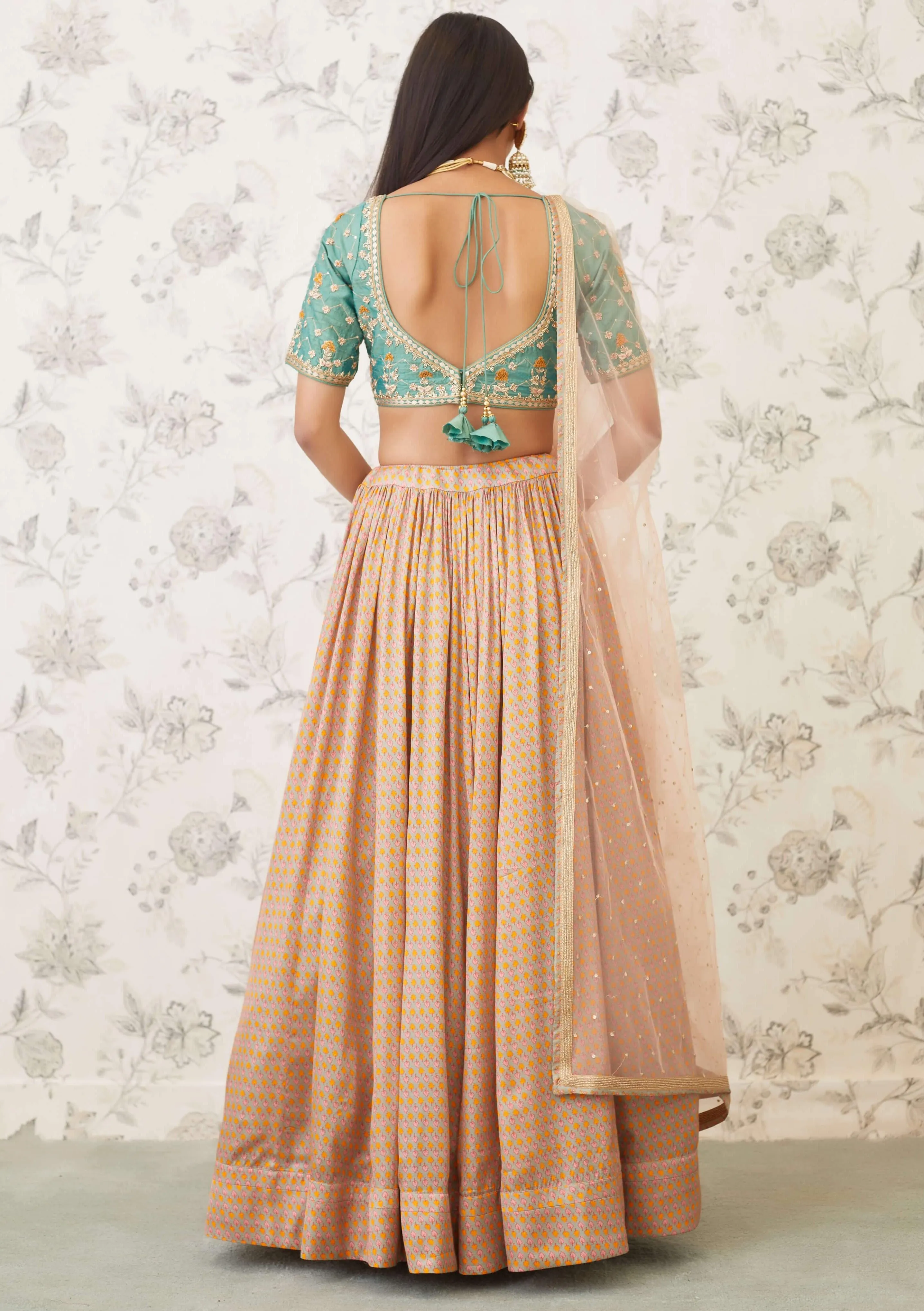 Green Beige Embroidered Lehenga Set