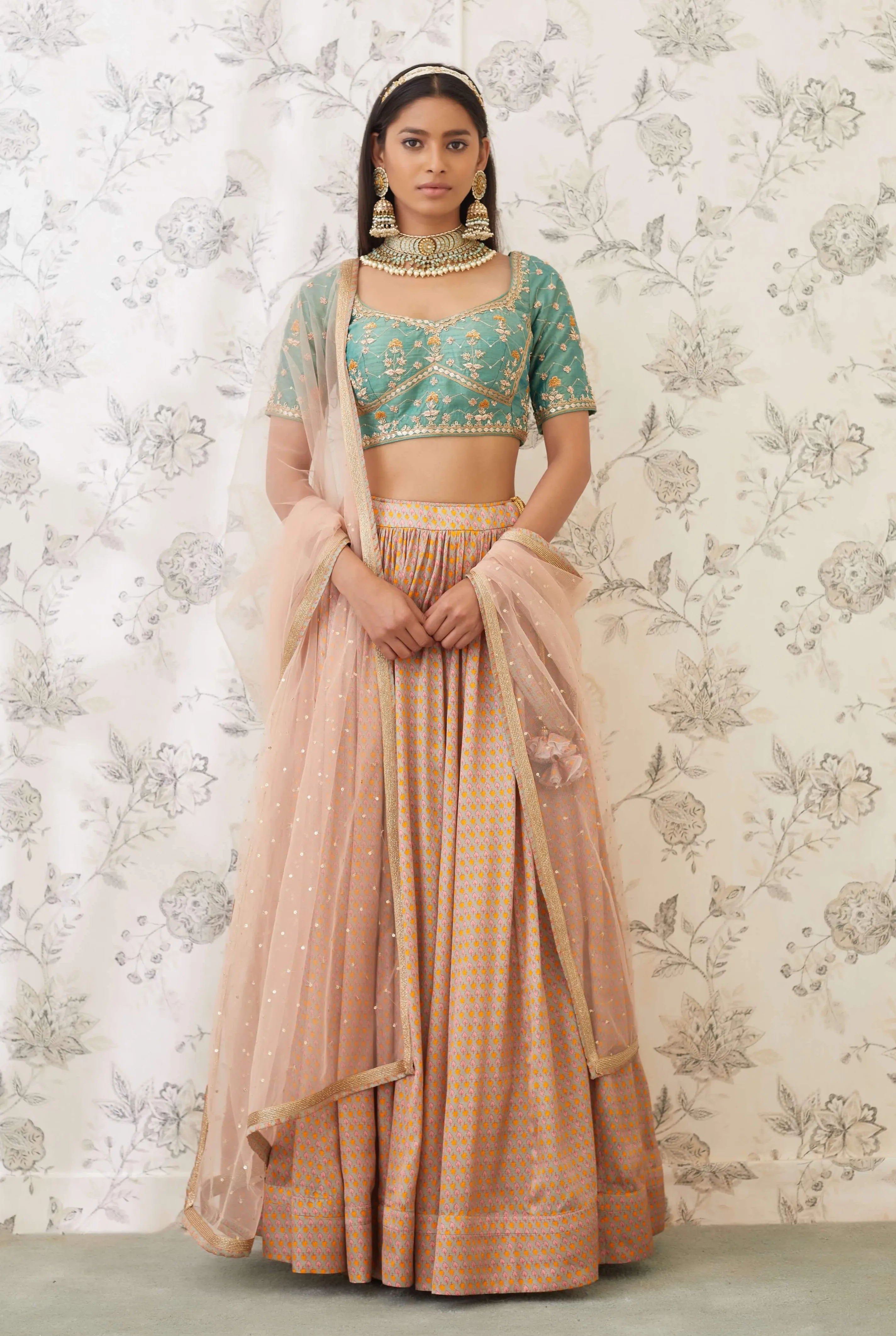 Green Beige Embroidered Lehenga Set