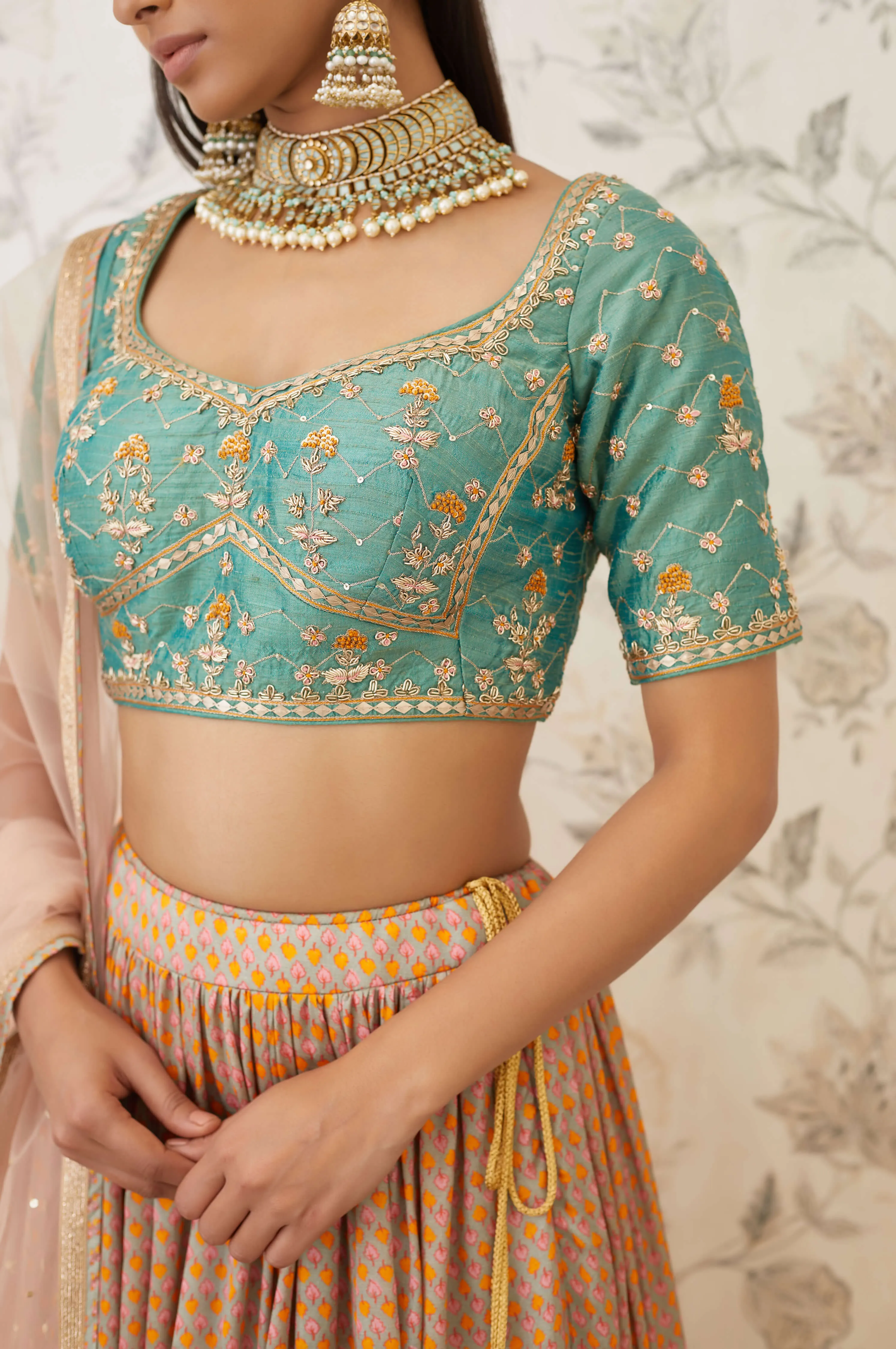 Green Beige Embroidered Lehenga Set