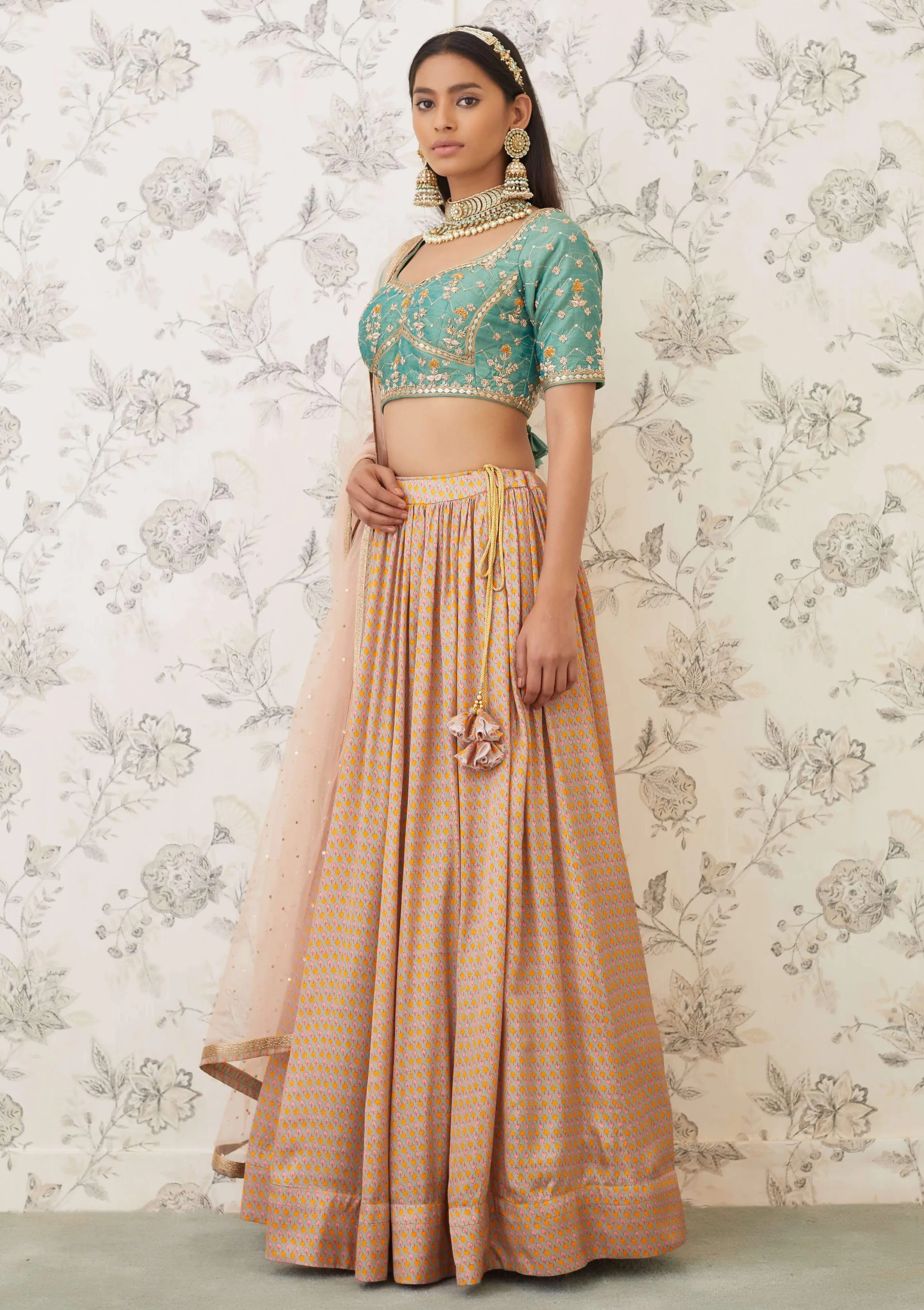 Green Beige Embroidered Lehenga Set