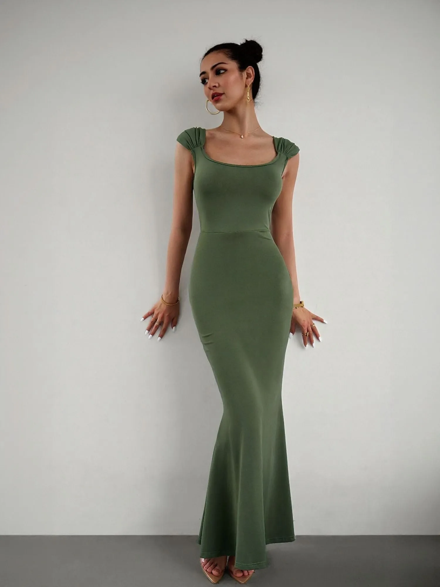 Green Bodycon Maxi Dress With Gathered Strap