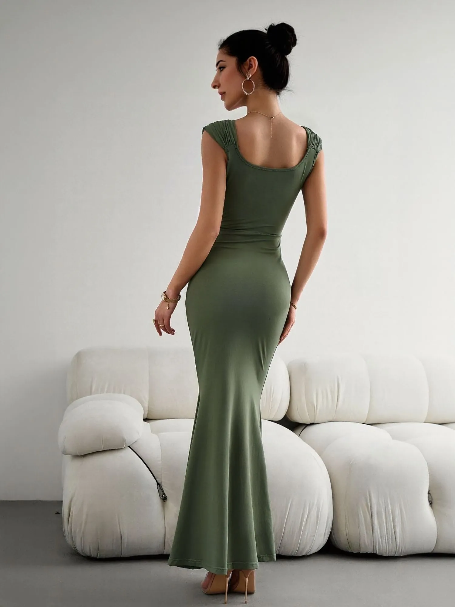 Green Bodycon Maxi Dress With Gathered Strap