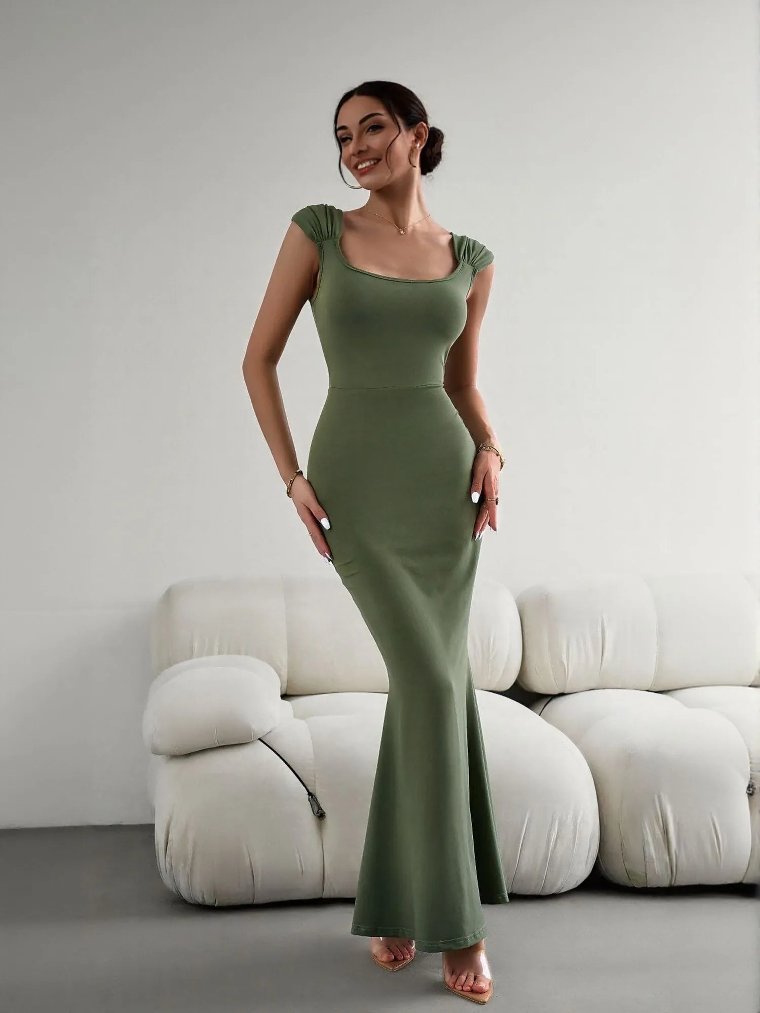 Green Bodycon Maxi Dress With Gathered Strap