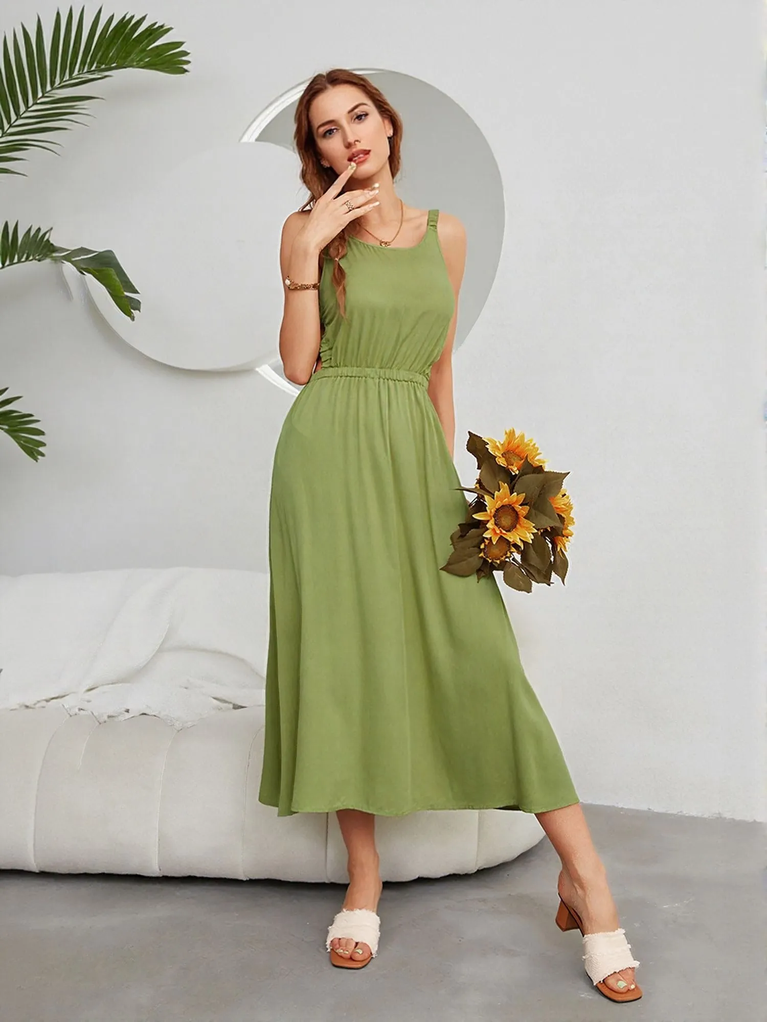 Green Elasticated Waist A-Line Dress