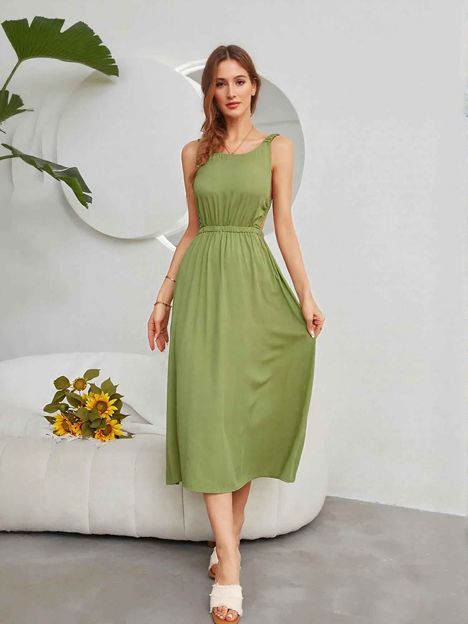Green Elasticated Waist A-Line Dress