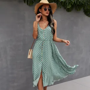 Green Front Buttoned Midi A-Line Dress