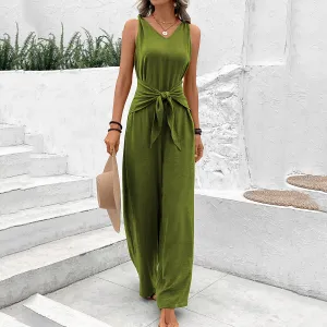 Green Jumpsuit With Waist Tie Up Detail