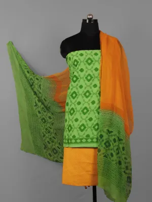 Green Orange Hand Block Printed Cotton Suit-Salwar Fabric With Chiffon Dupatta (Set of 3) - S16281304