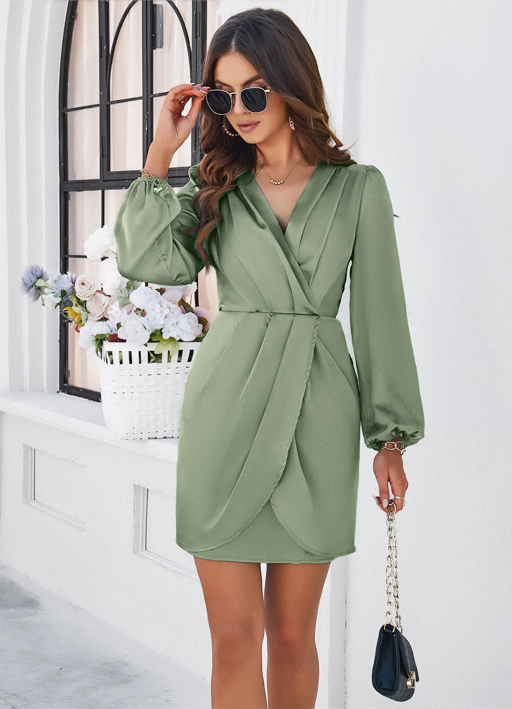 Green Pleated Wrap Mini Dress