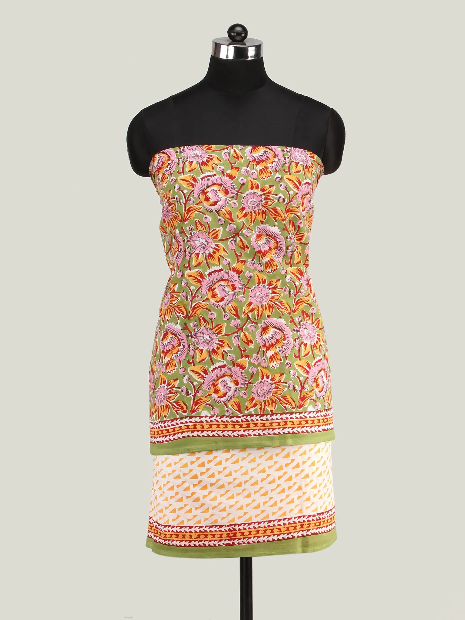 Green Red Yellow Hand Block Printed Cotton Suit-Salwar Fabric With Chiffon Dupatta (Set of 3) - SU01HB449