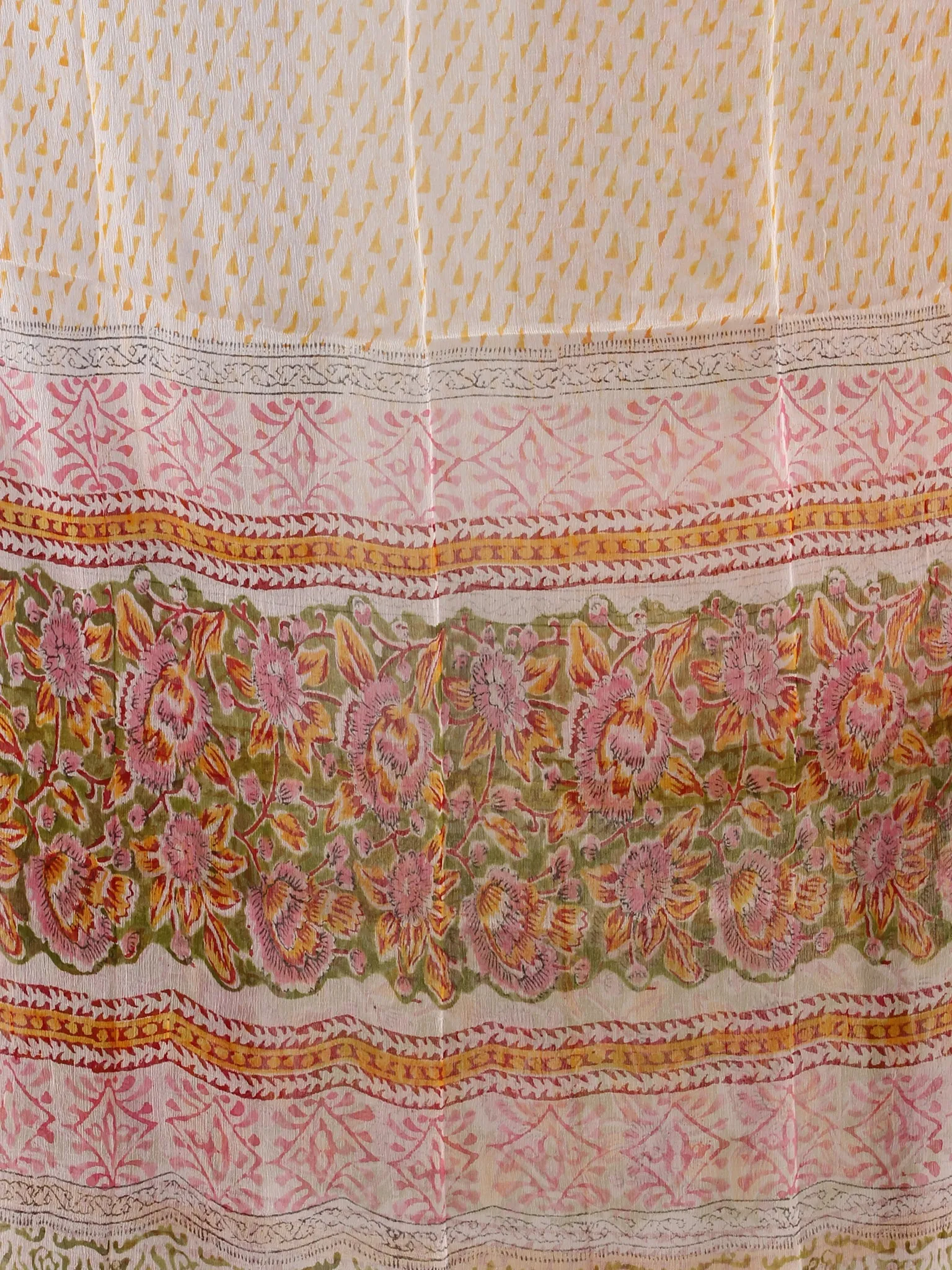 Green Red Yellow Hand Block Printed Cotton Suit-Salwar Fabric With Chiffon Dupatta (Set of 3) - SU01HB449