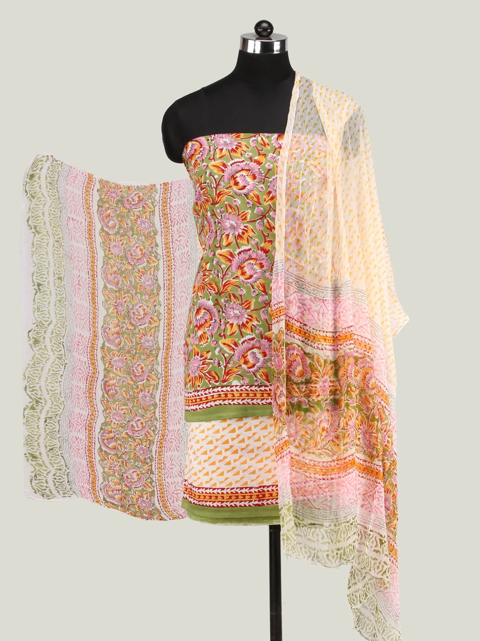 Green Red Yellow Hand Block Printed Cotton Suit-Salwar Fabric With Chiffon Dupatta (Set of 3) - SU01HB449