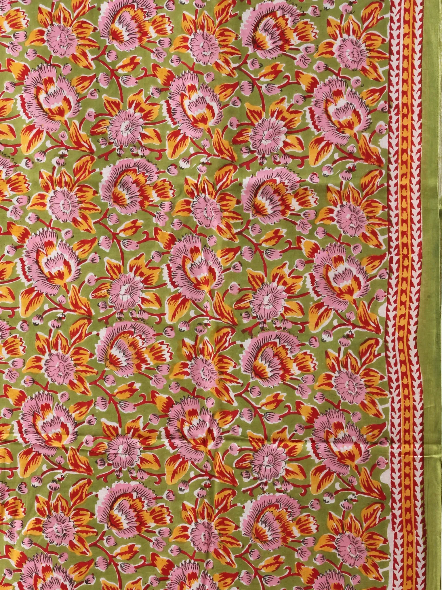 Green Red Yellow Hand Block Printed Cotton Suit-Salwar Fabric With Chiffon Dupatta (Set of 3) - SU01HB449