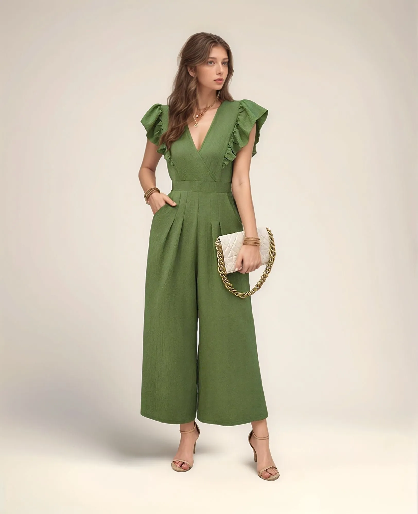 Green Wide Leg Jumpsuit With Ruffle Detail