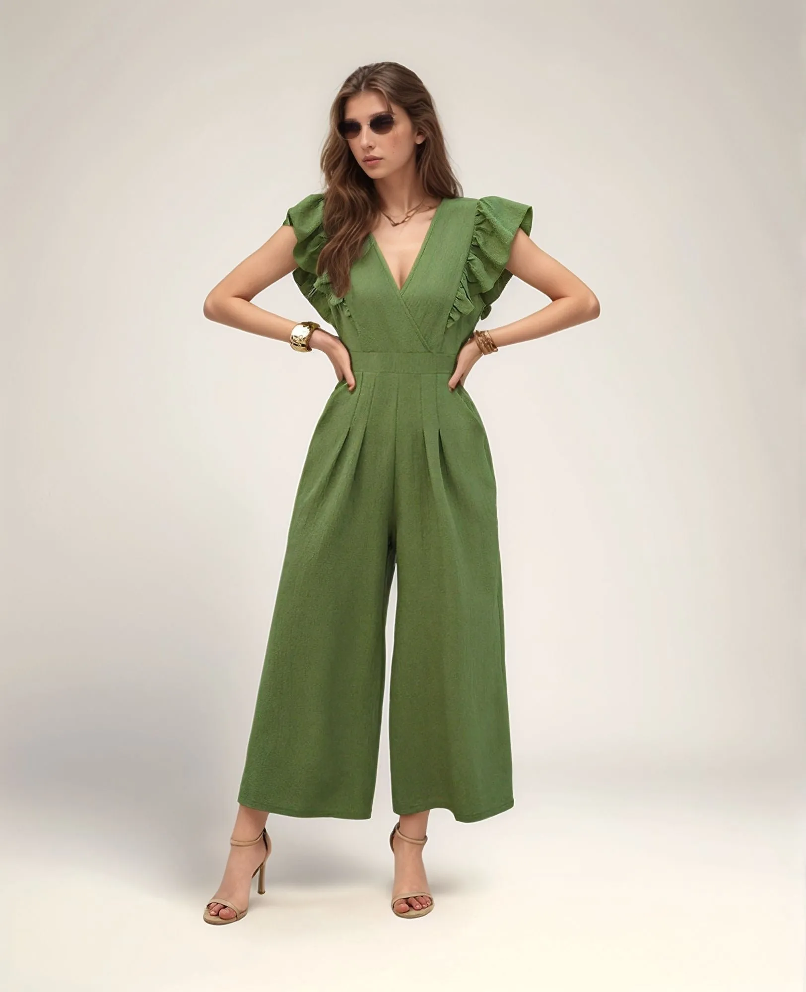 Green Wide Leg Jumpsuit With Ruffle Detail