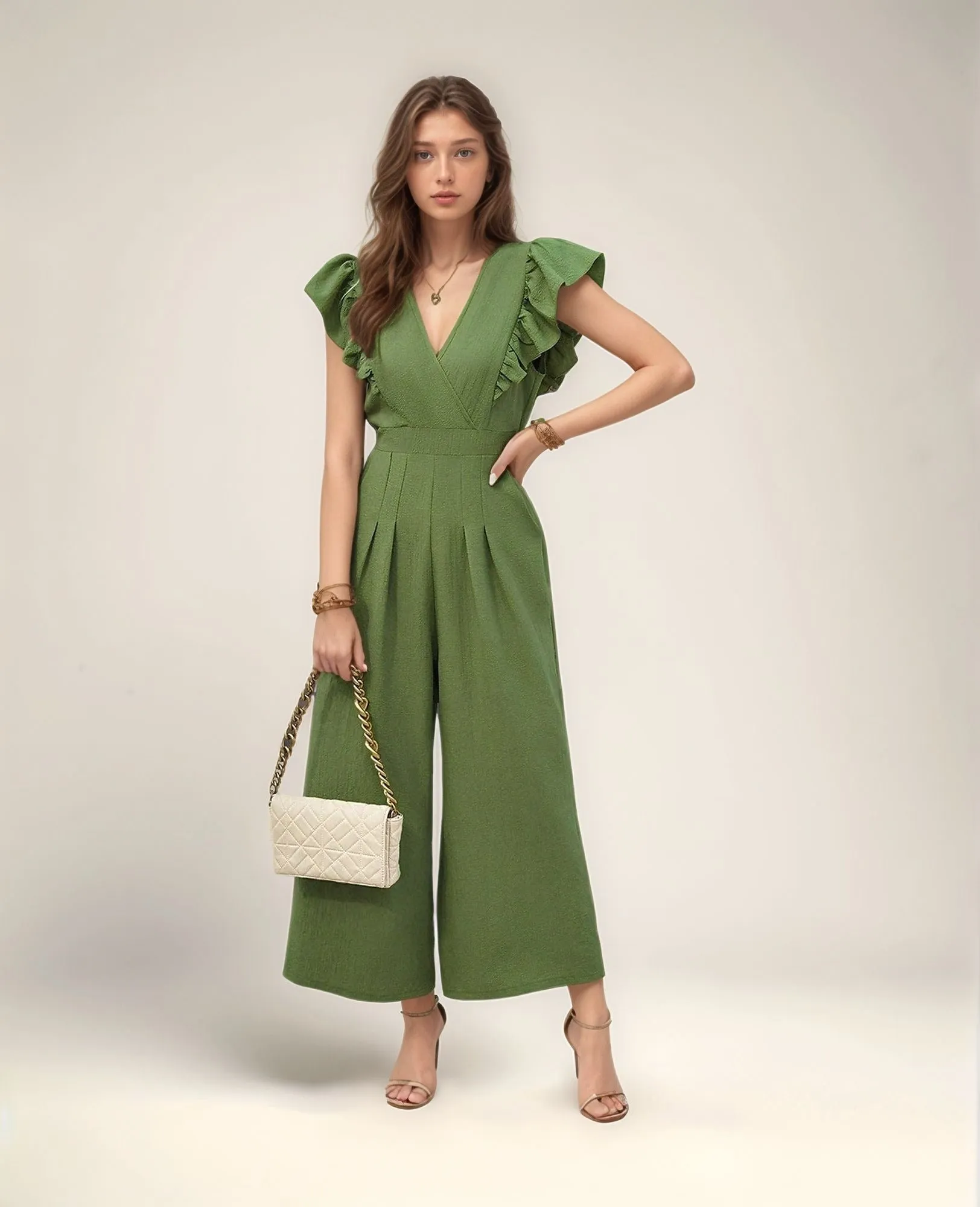 Green Wide Leg Jumpsuit With Ruffle Detail