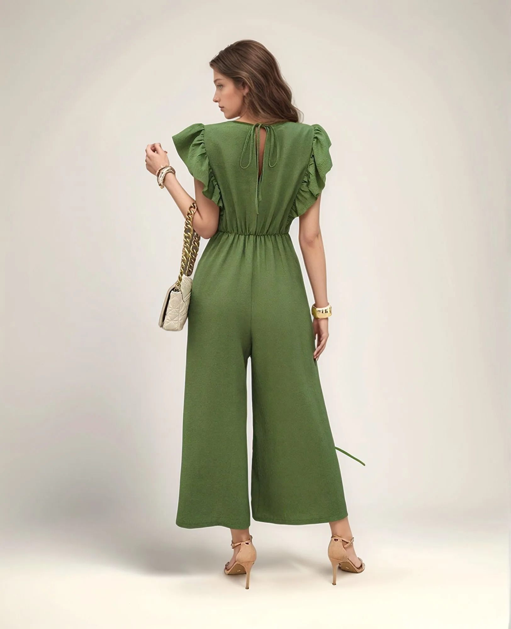 Green Wide Leg Jumpsuit With Ruffle Detail