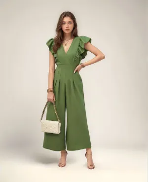 Green Wide Leg Jumpsuit With Ruffle Detail