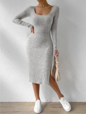 Grey Scoop Neck Ribbed Bodycon Dress