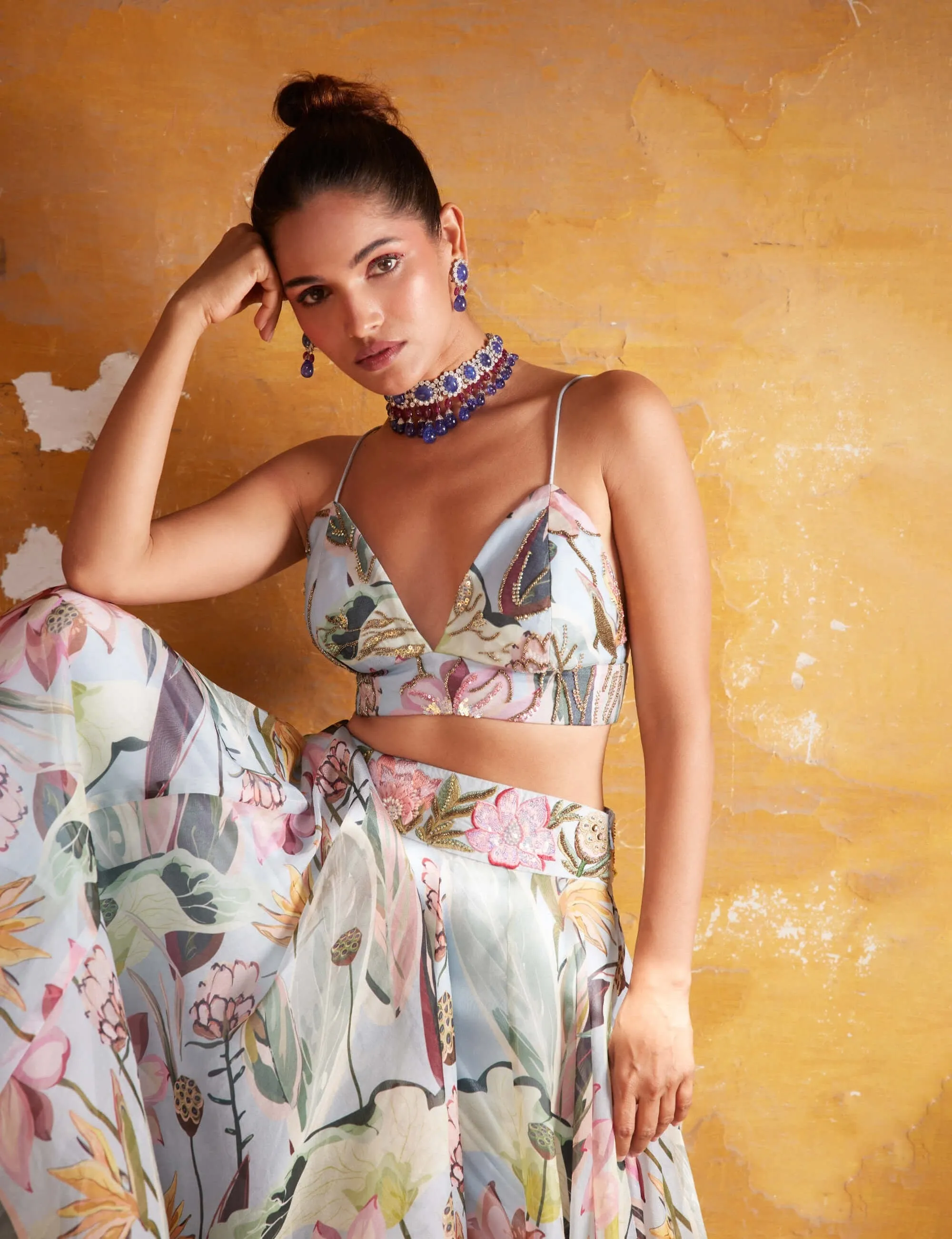 Ice blue floral lehenga and jacket set