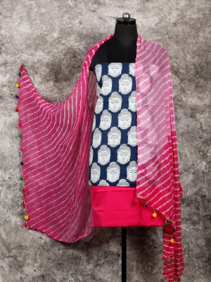 Indigo White Black Red Pink Hand Block Printed Cotton Suit-Salwar Fabric With Chiffon Dupatta (Set of 3) - SU01HB371