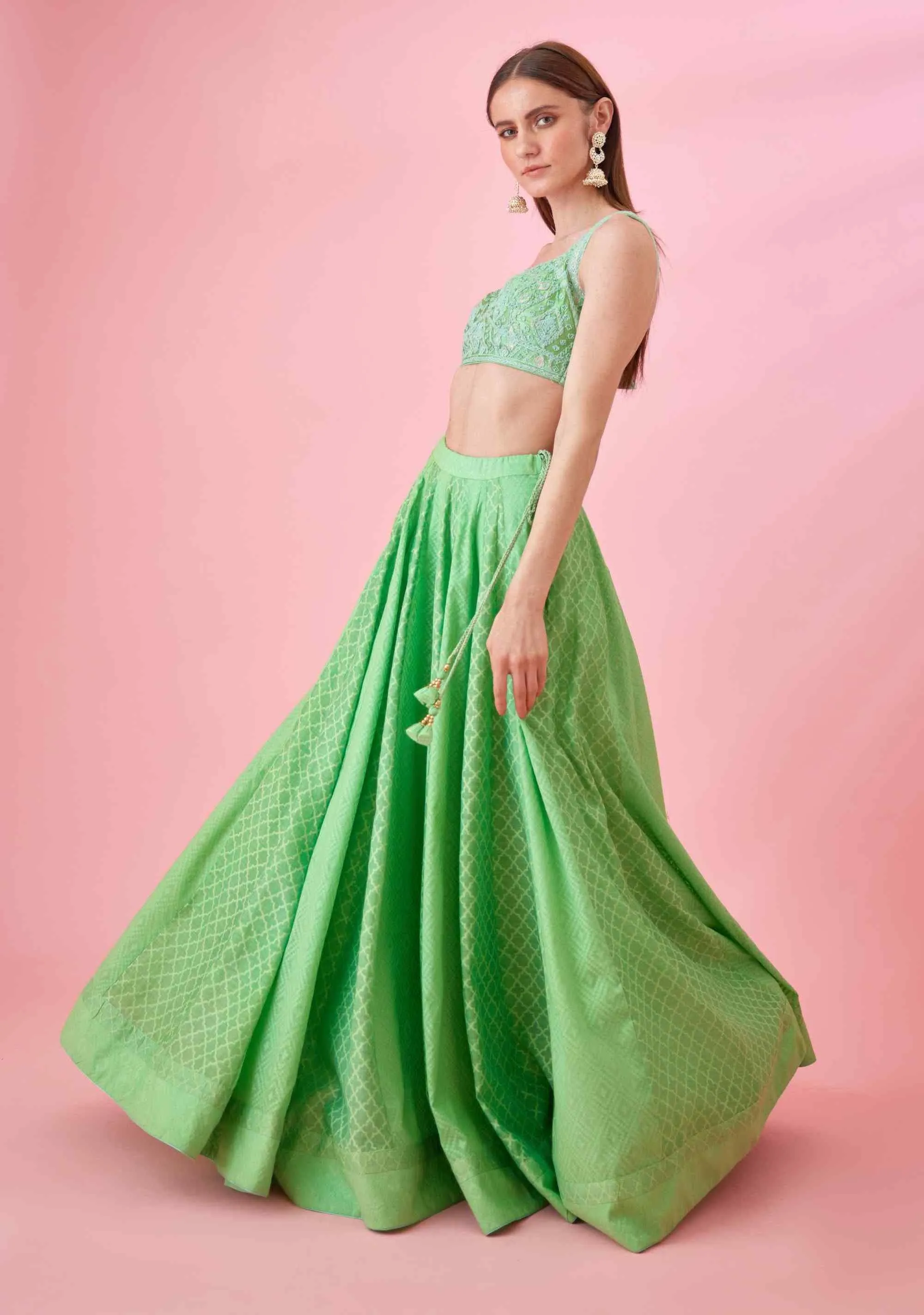 Irish green threadwork lehenga set