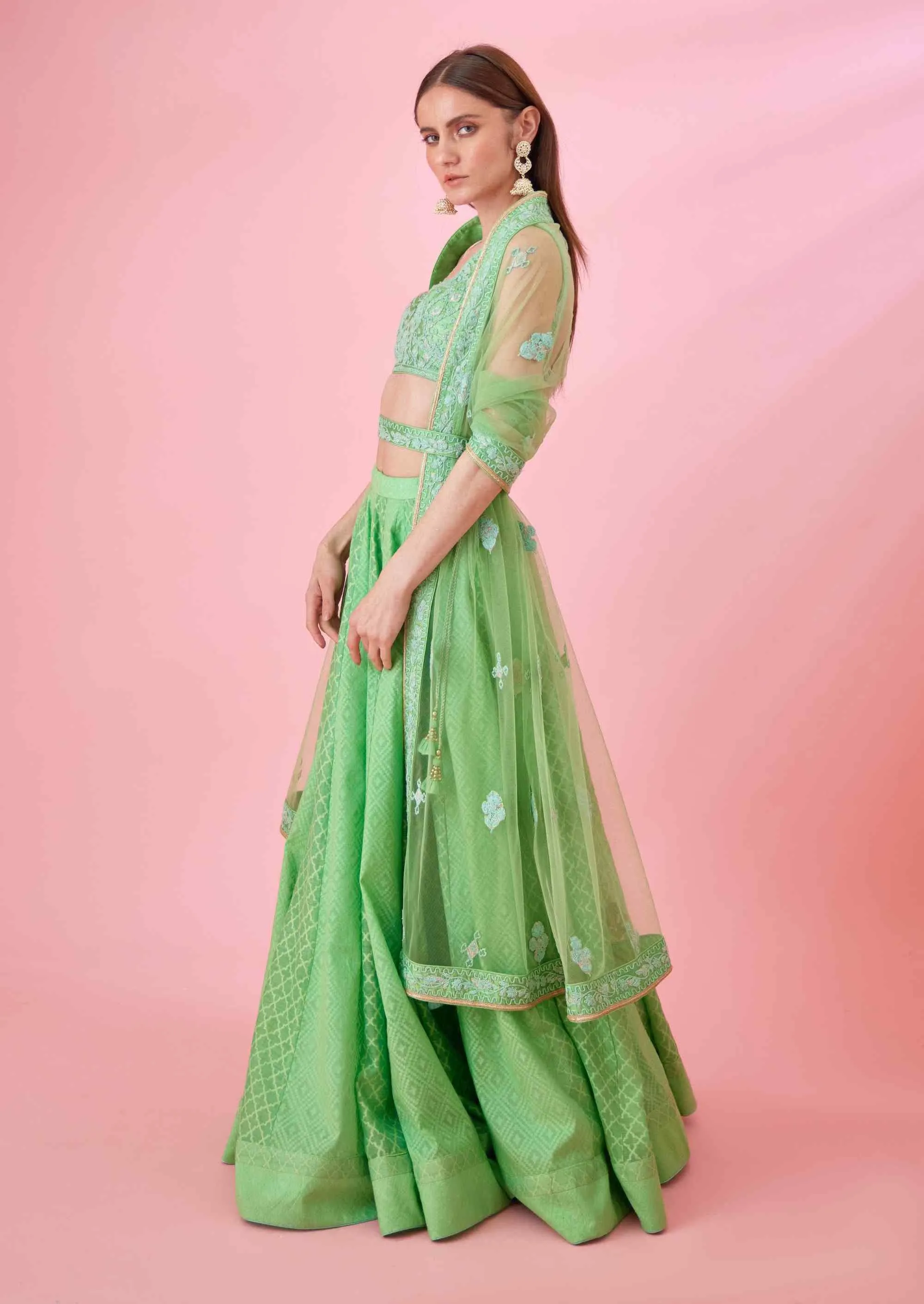 Irish green threadwork lehenga set