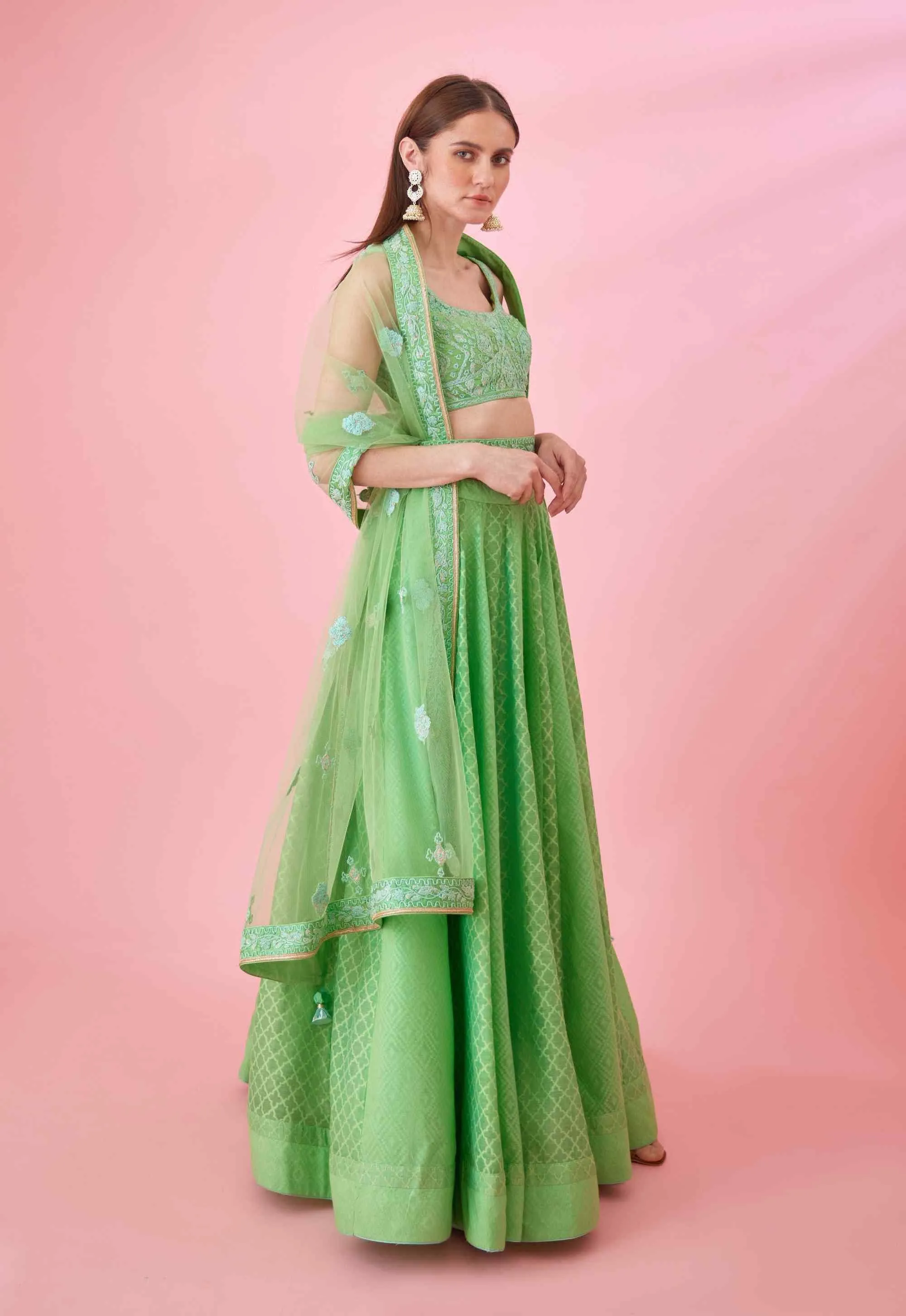 Irish green threadwork lehenga set