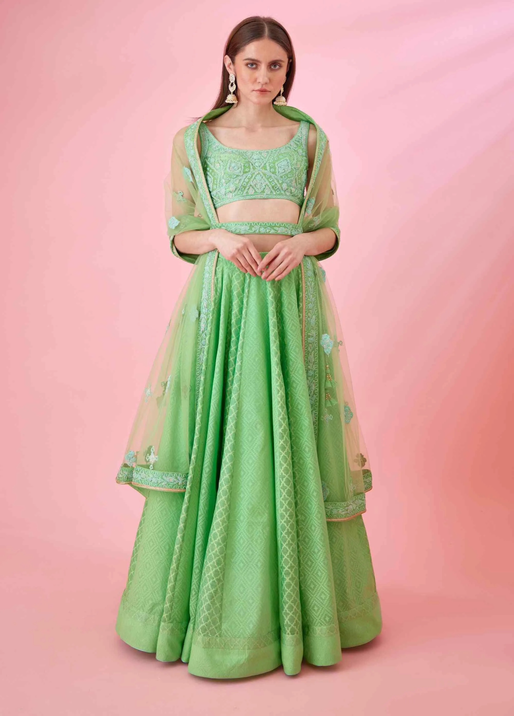 Irish green threadwork lehenga set
