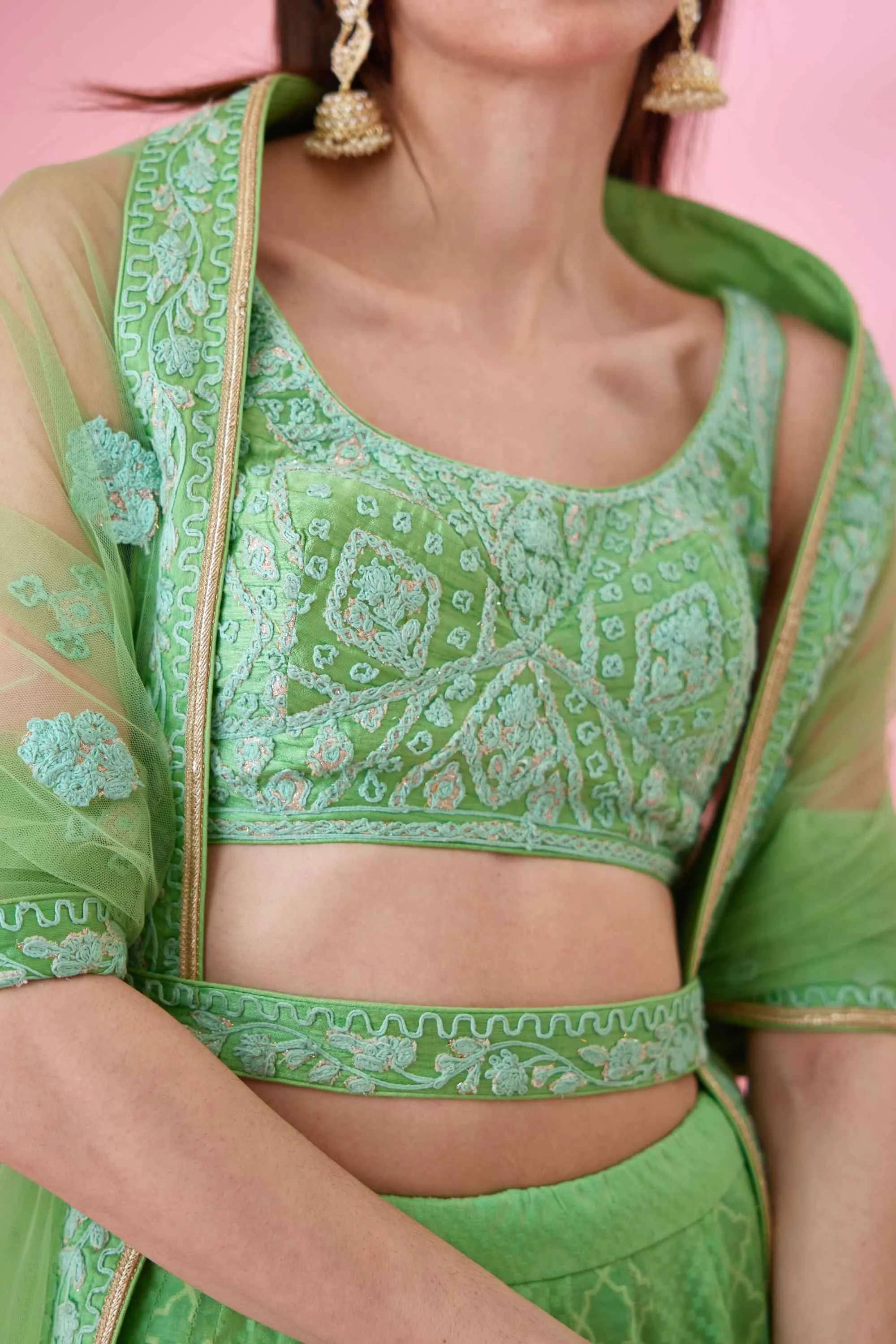 Irish green threadwork lehenga set